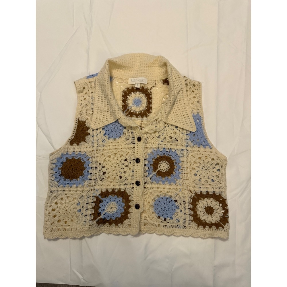 Rebellion Again Crochet Granny Square Vest Cream Blue Brown Boho Button Front S